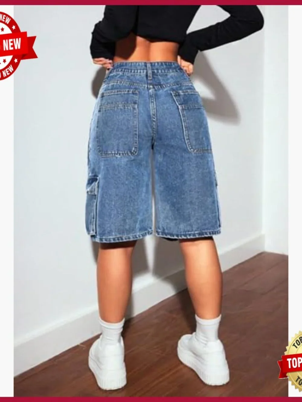 High Waisted Baggy Cargo Denim Shorts with Pockets